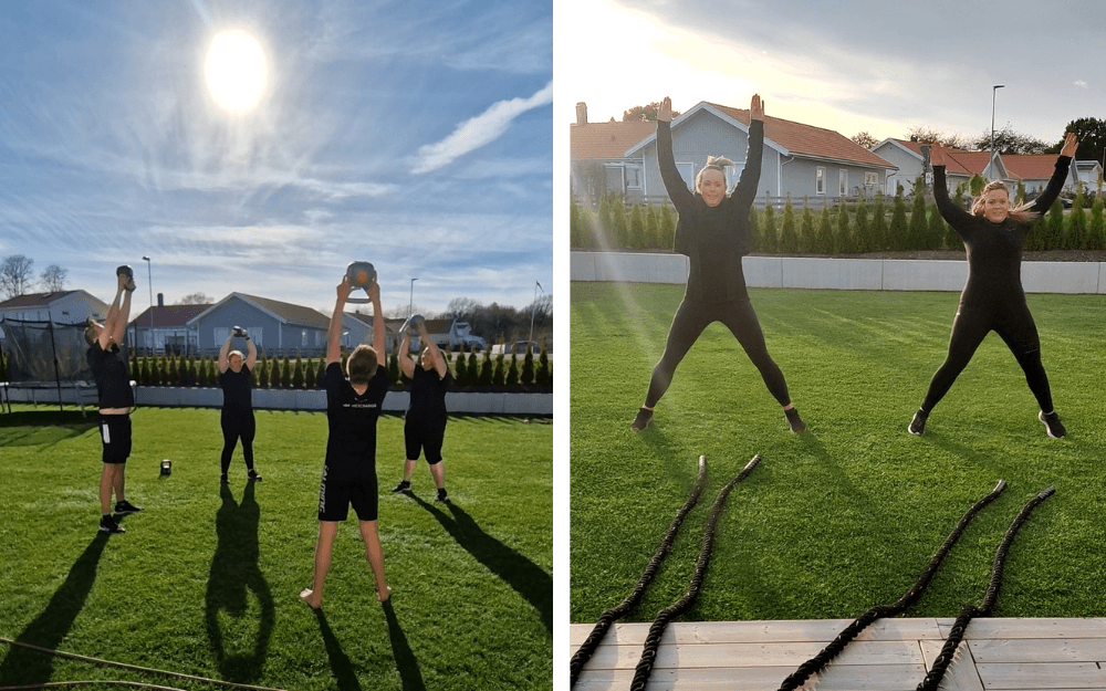 Personer som tränar i grupp med Kettle Bells och battle rope.
