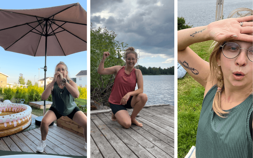 Kvinna som tränar på altanen, en brygga och på en gräsmatta med Weekly Revolt.