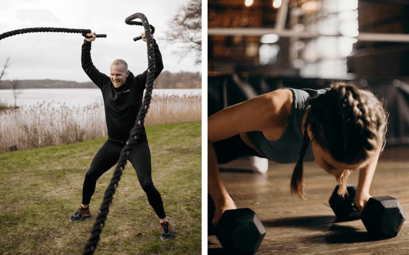 Två personer som tränar. En tränar med rep och en gör armhävningar.