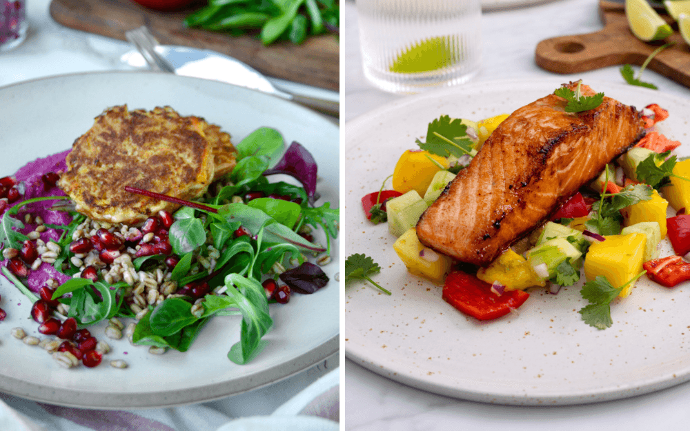 Grönsaksbiffar, rödbetsmos och sallad. Lax på en bädd av grönsaker.