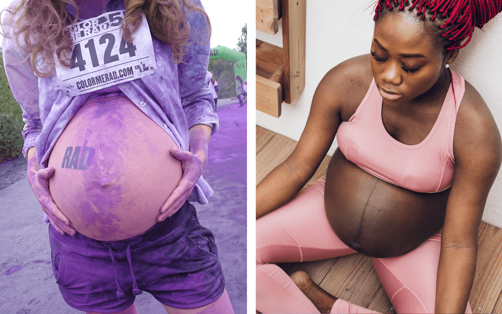 Gravid kvinna som sprungit ett lopp. Gravid kvinna som gör yoga.