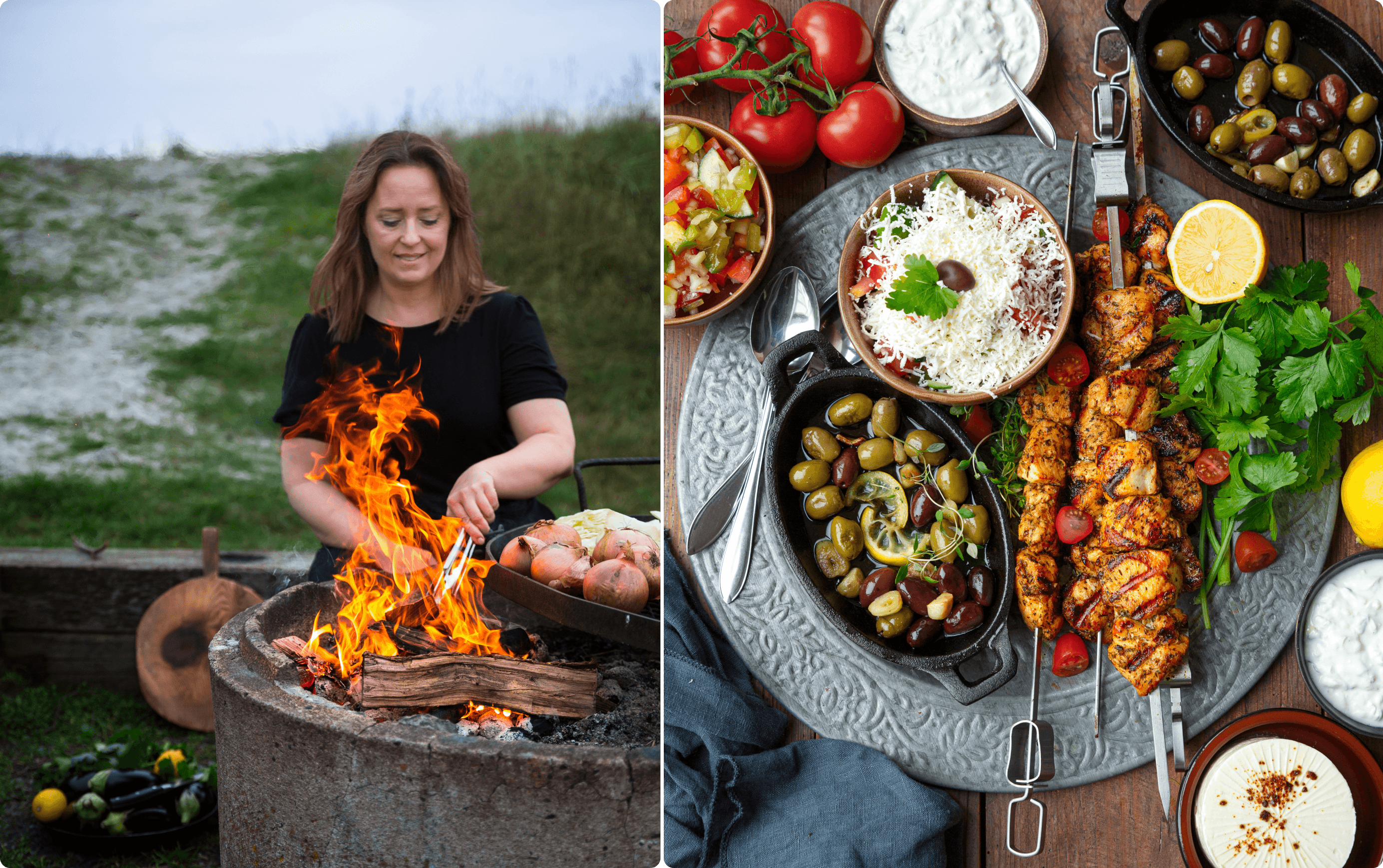 Diadonna grillar vid en stor eldlåga. Grillad kycklingspett med goda tillbehör.
