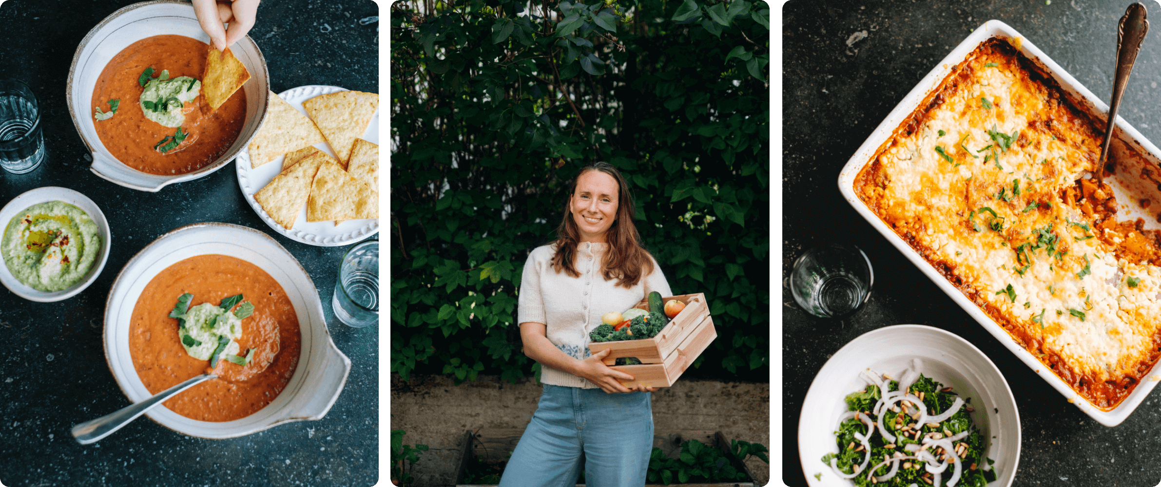 Hanna Olvenmark och två maträtter – tacosoppa och belugalasagne – som hon skapat till Weekly Revolt.