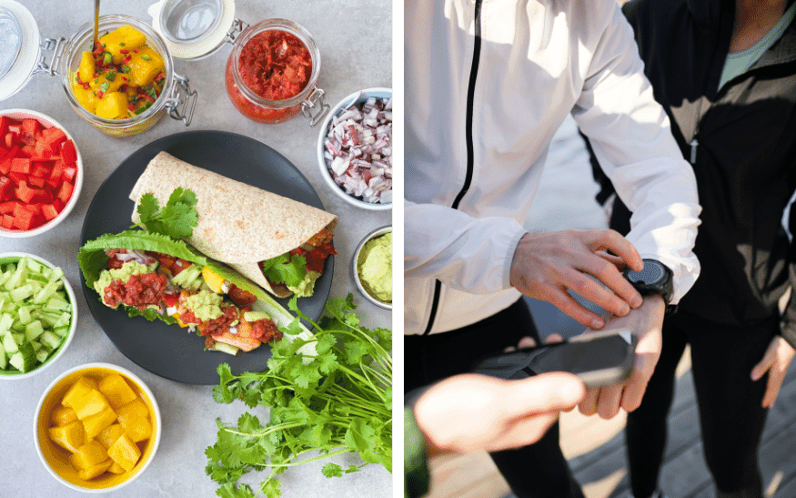 Tallrik med en form av tacos och personer som kollar på en smartklocka.