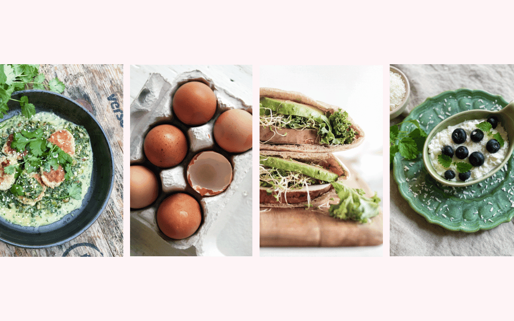 Djup tallrik fylld med en grönsaksgryta med kycklingbollar och färsk koriander, ägg i äggkartong, mackor staplade på skärbräda fyllda med avokado, gröt toppad med färska blåbär serverad på rustikt turkost fat.