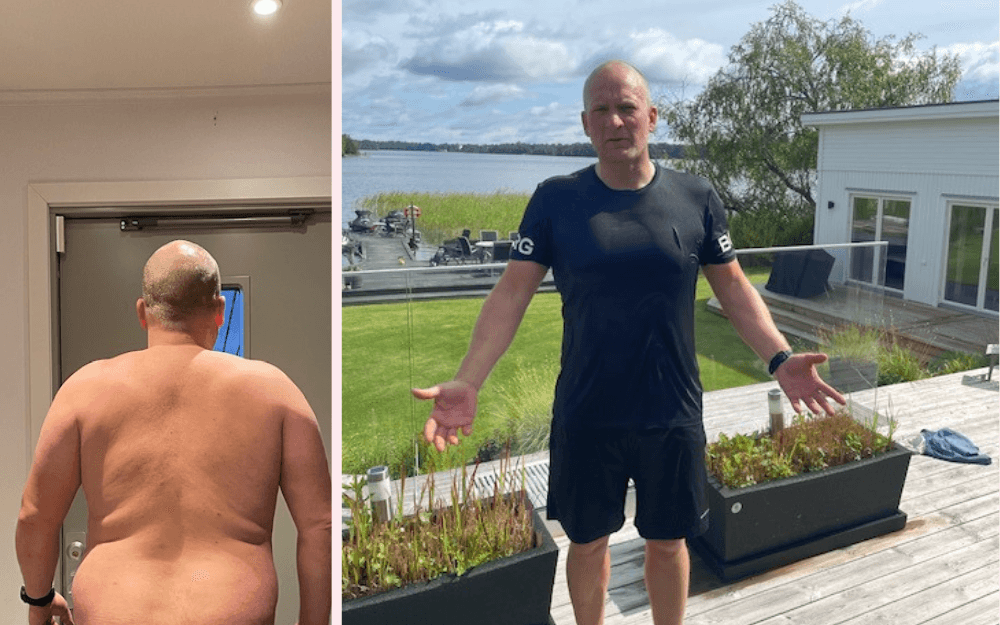 En före/efter bild på en man som gått i Weekly Revolts kost- och träningsprogram WR66.