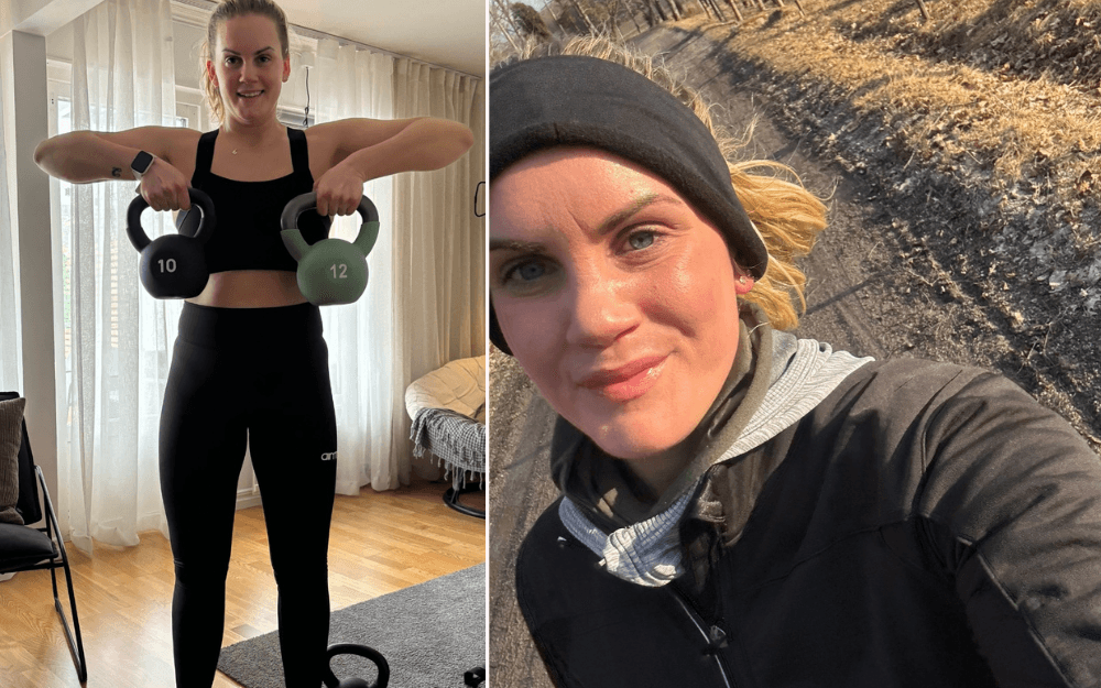 Collage med två bilder där ena bilden visar en kvinna som tränar med Kettle Bells och den andra bilden visar samma kvinna som är ute och springer.