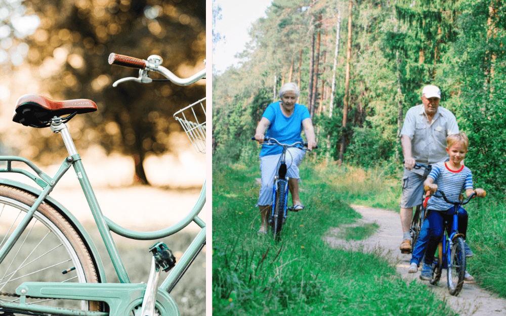 Ett äldre par och en liten pojke cyklar på en skogsstig under sommaren.