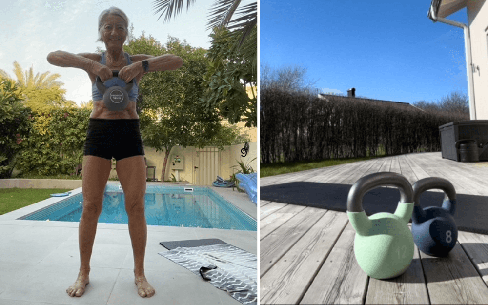 Pensinär som tränar med Kettle Bells och Weekly Revolt när hon är på resa.