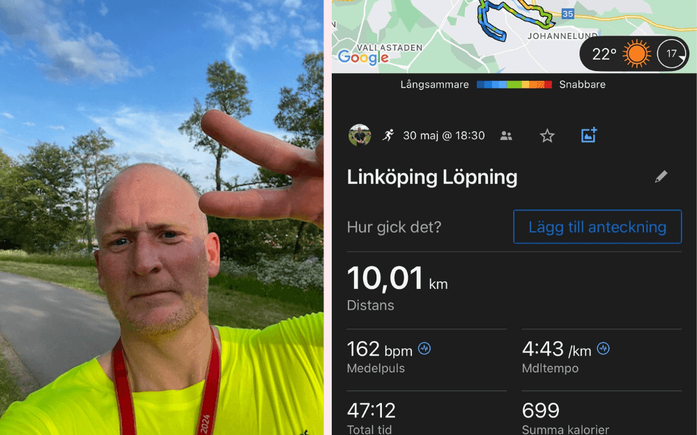 En man som visar upp sina resultat på 10km löpning.