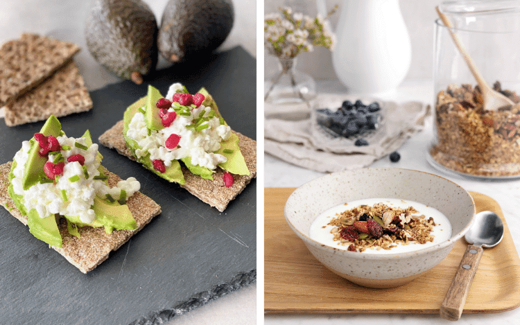 Två keso- och avokadomackor och granola med honung