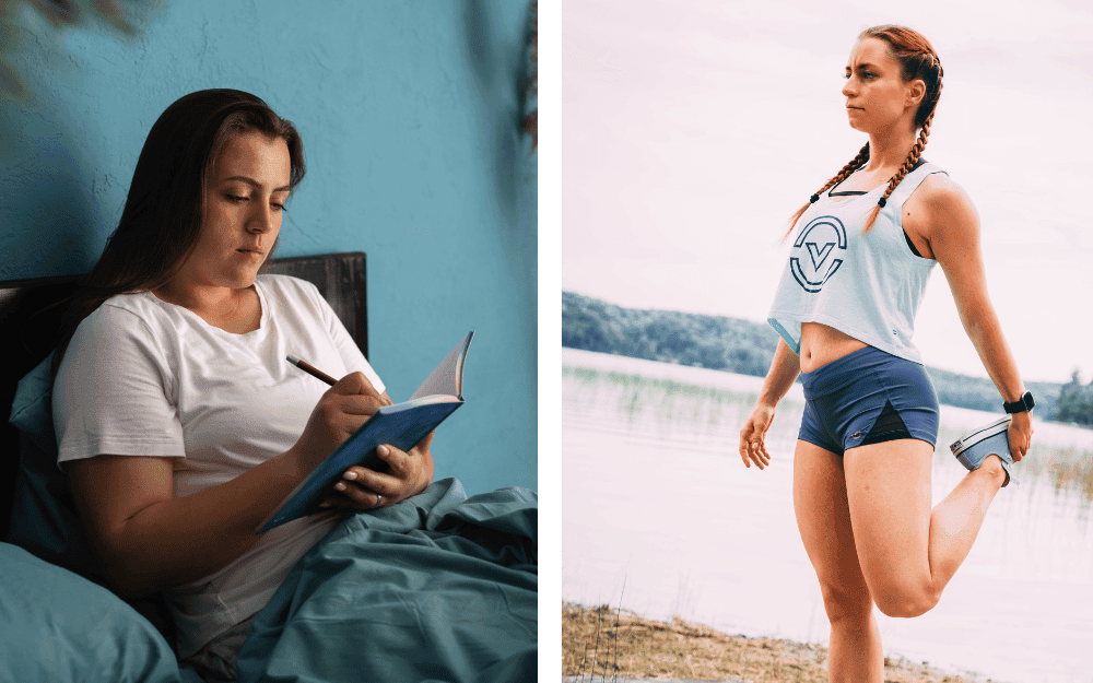 Mörkhårig, ung kvinna ligger i en säng i turkost rum och skriver dagbok. Rödhårig kvinna med flätor står i träningskläder framför sjö och stretchar benet.