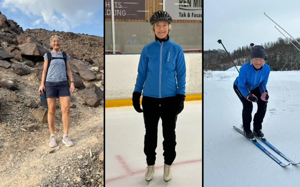 En aktiv äldre kvinna som vandrar i berg, åker skridskor och skidor.