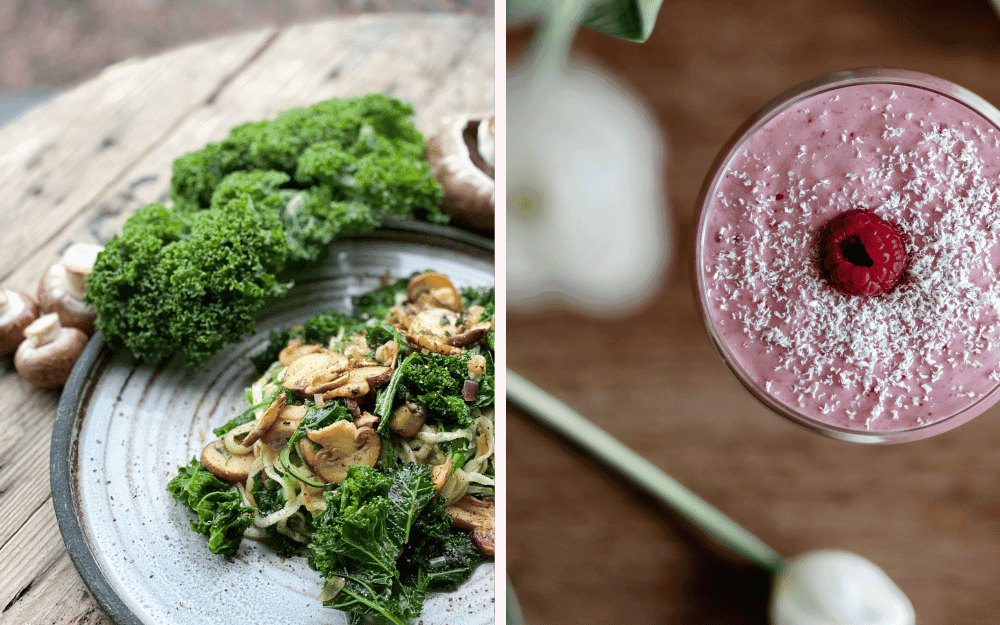 En tallrik fylld med kycklingpasta och grönkål. En hallonsmoothie dekorerad med kokos och ett färskt hallon.