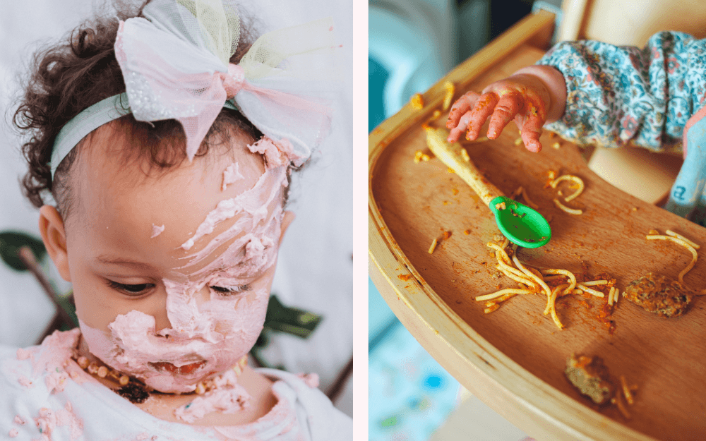 Liten flicka med rosett i håret och rosa grädde i ansiktet. Bebishand över barnstol täckt i spagetti med köttfärssås.