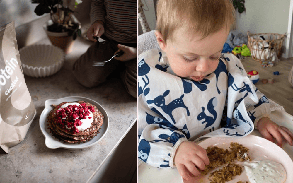 Bananpannkaka med bär och grekisk yoghurt. Barn som äter kikärtsbiffar.