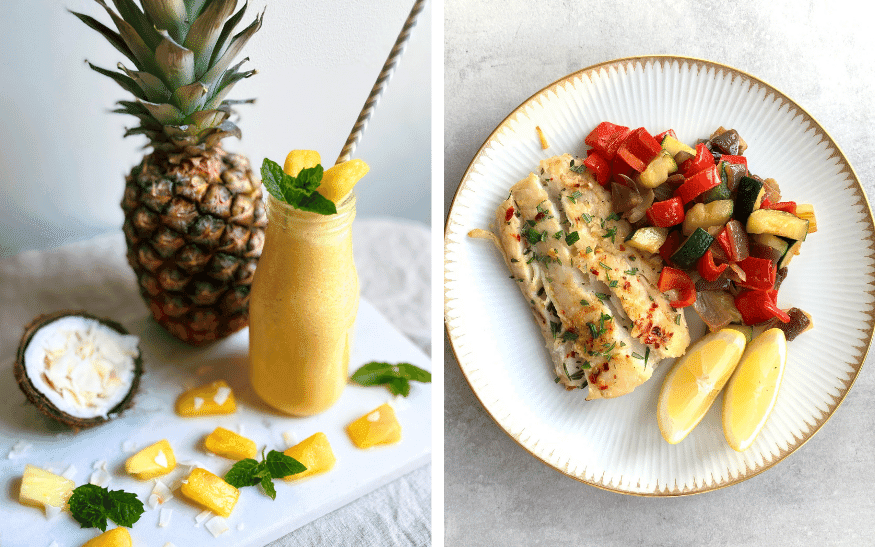 Ananas och kokossmoothie på ena bilden och torsk och grönsaksmix på den andra bilden.