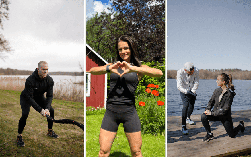 Tre bilder på kvinnor och män som tränar och umgås.