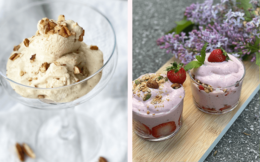 Bananglass serverad i drinkglas toppad med hackade pecannötter och en fluffig, rosa frozen smoothie toppad med med färska jordgubbar på en skärbräda omgiven av syrener.