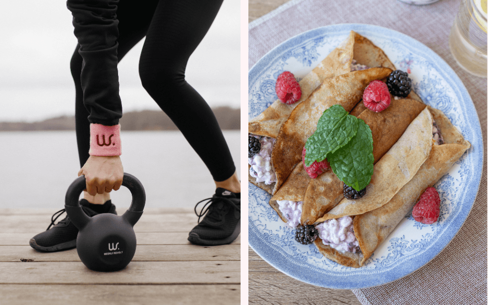 En kvinna lyfter en kettlebell från en brygga. En blå tallrik med pannkakor fyllda med keso, toppade med färska hallon, björnbär och citronmeliss.