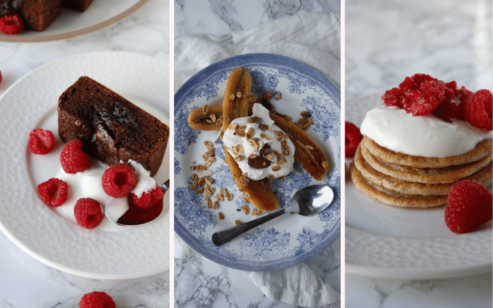 3 nyttiga mellanmål – chokladkaka, banan med yoghurt och rostade bär och bananpannkaka med hallon.