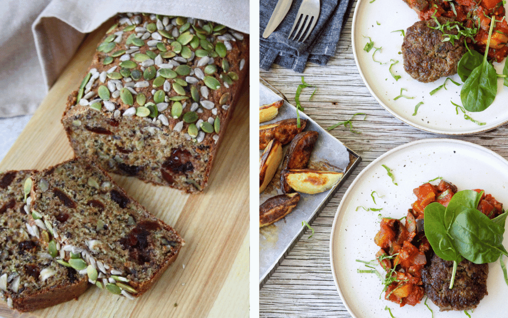 Recept från Weekly Revolt: Grov limpa med pumpakärnor och solrosfrön. Färsbiffar med ratatouille, rostad potatis och färsk spenat.