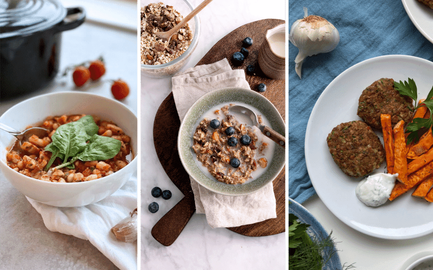 Tre bilder på fiberrik och proteinrik mat med bönor, linser, rotfrukter och bär.