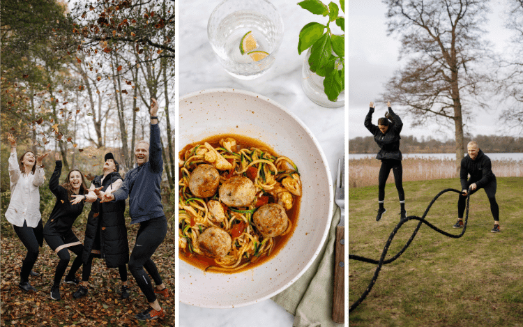 En bild på personer som kastar löv, en bild på mat och en bild på två personer som tränar