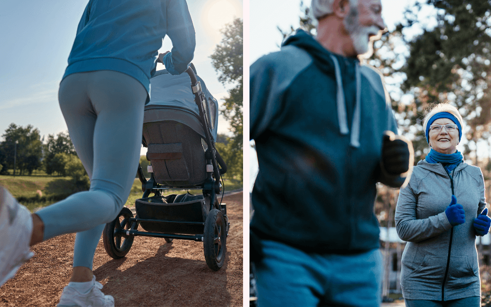 Kvinna springer med barnvagn på en grusgång. Ett äldre par springer utomhus.