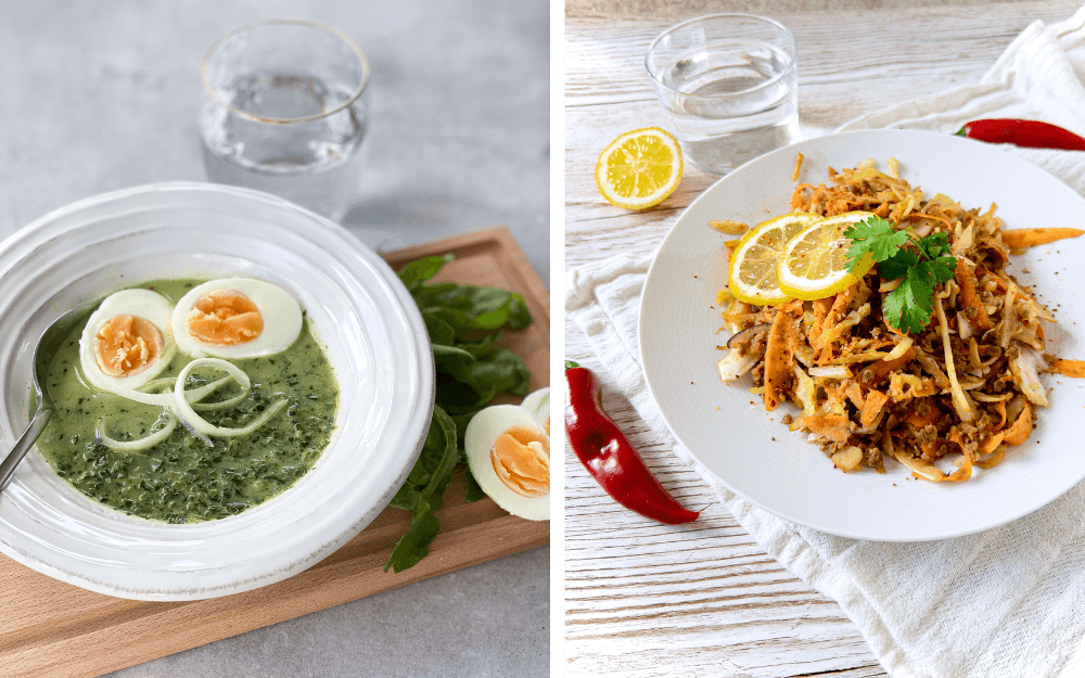 Ägg med spenat och wok med olika grönsaker.