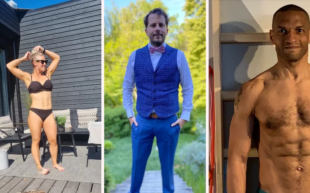 Tre personer visar upp hur de ser ut efter Weekly Revolts kost- och träningsprogram WR66