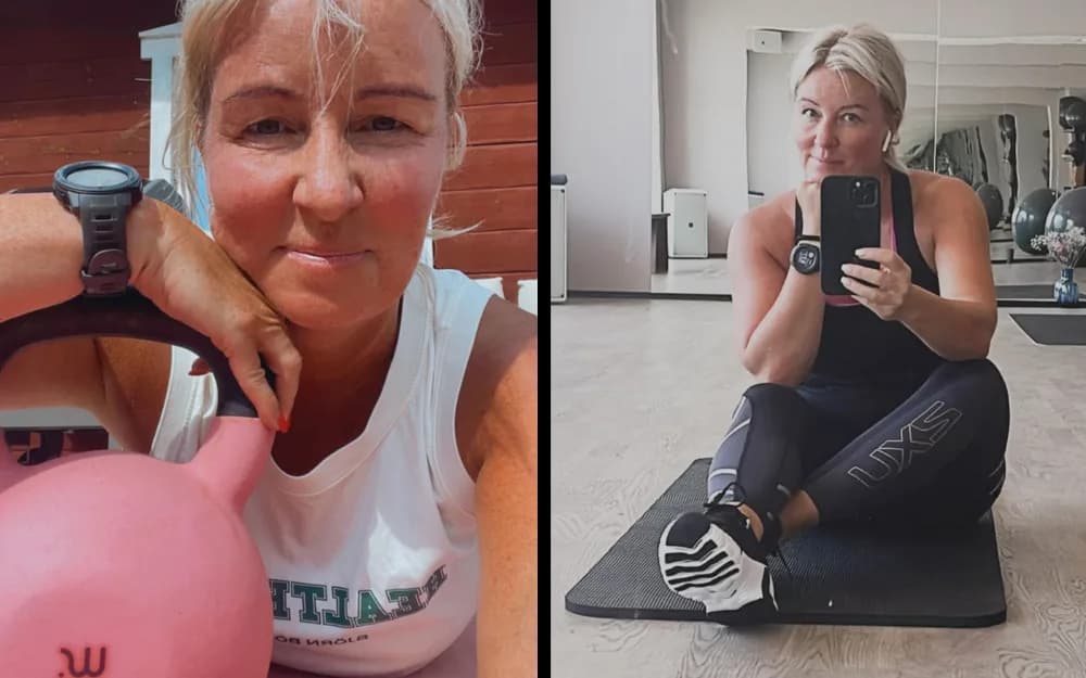 Kvinna i klimakteriet som tränar med kettle bell och på gym.