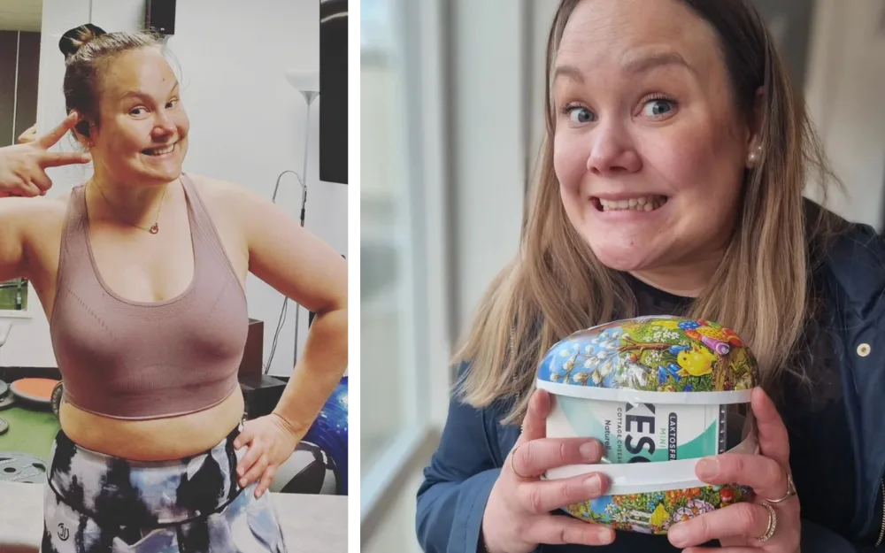 Glad kvinna som tidigare varit utbränd i gymmet och med ett påskägg med keso i.