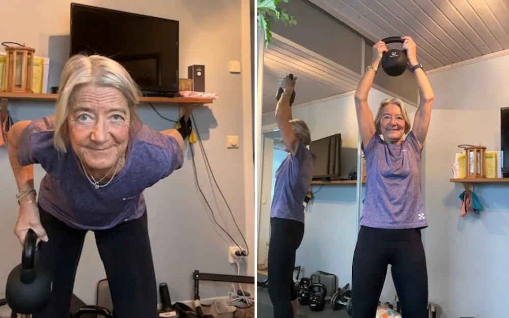 Pensionär tränar hemifrån med Kettle Bells.