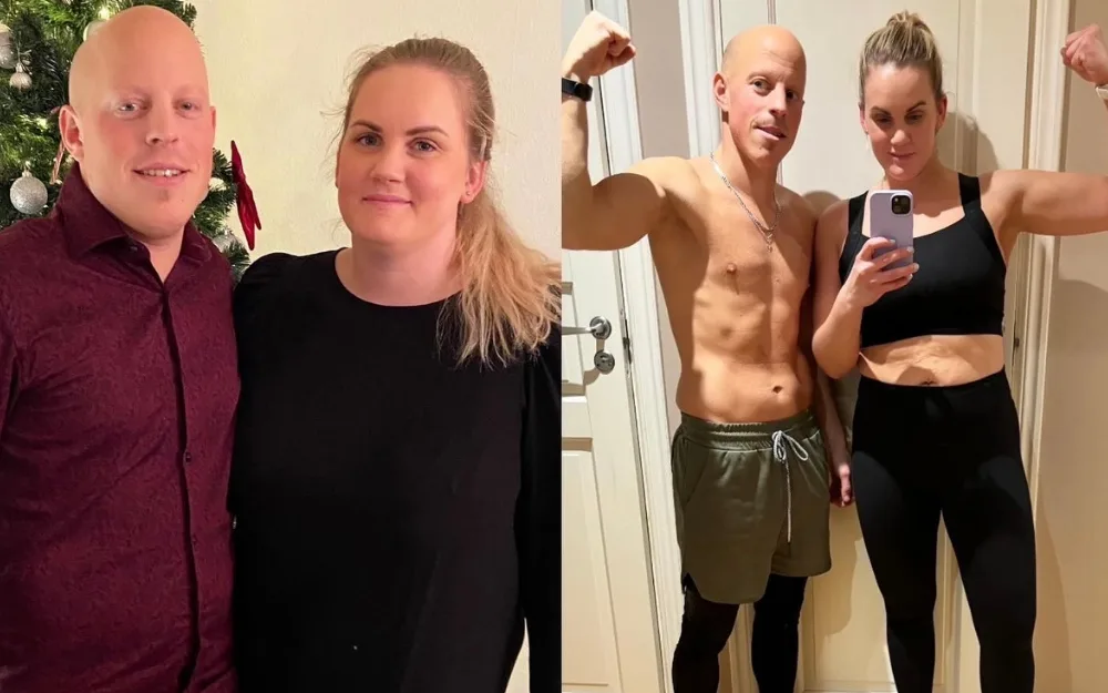 Kvinna och man visar upp hur de såg ut före och efter Weekly Revolt