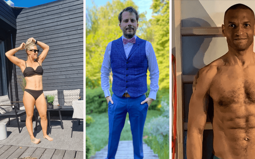 Tre personer visar upp hur de ser ut efter Weekly Revolts kost- och träningsprogram WR66