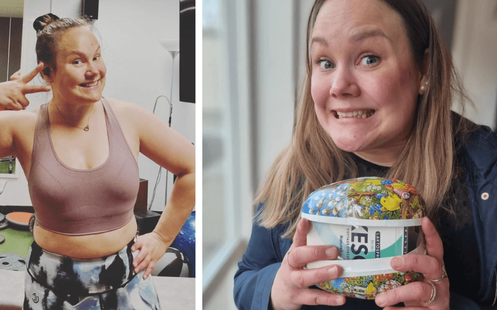 Glad kvinna som tidigare varit utbränd i gymmet och med ett påskägg med keso i.