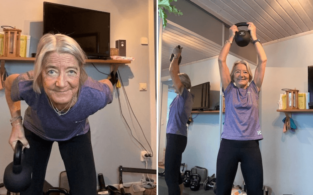 Pensionär tränar hemifrån med Kettle Bells.